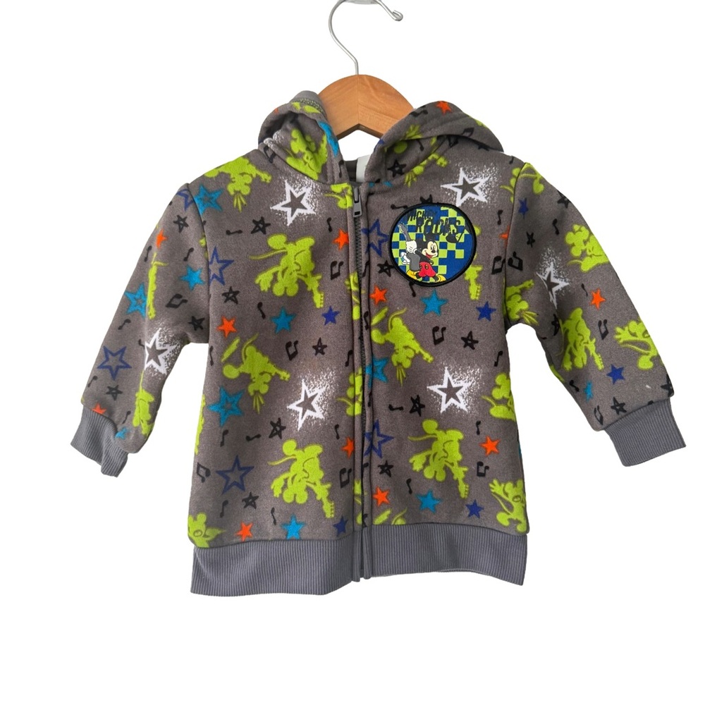 Disney Baby Gray Mickey Mouse Hoodie with Green and Blue Patterns 6/12 Months